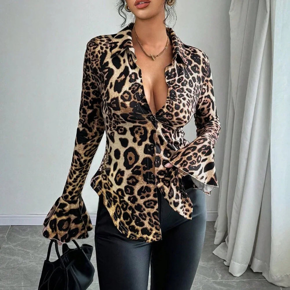 Tops - Multicolor Elegant Women's Leopard Print Tight Bell Sleeve Blouse